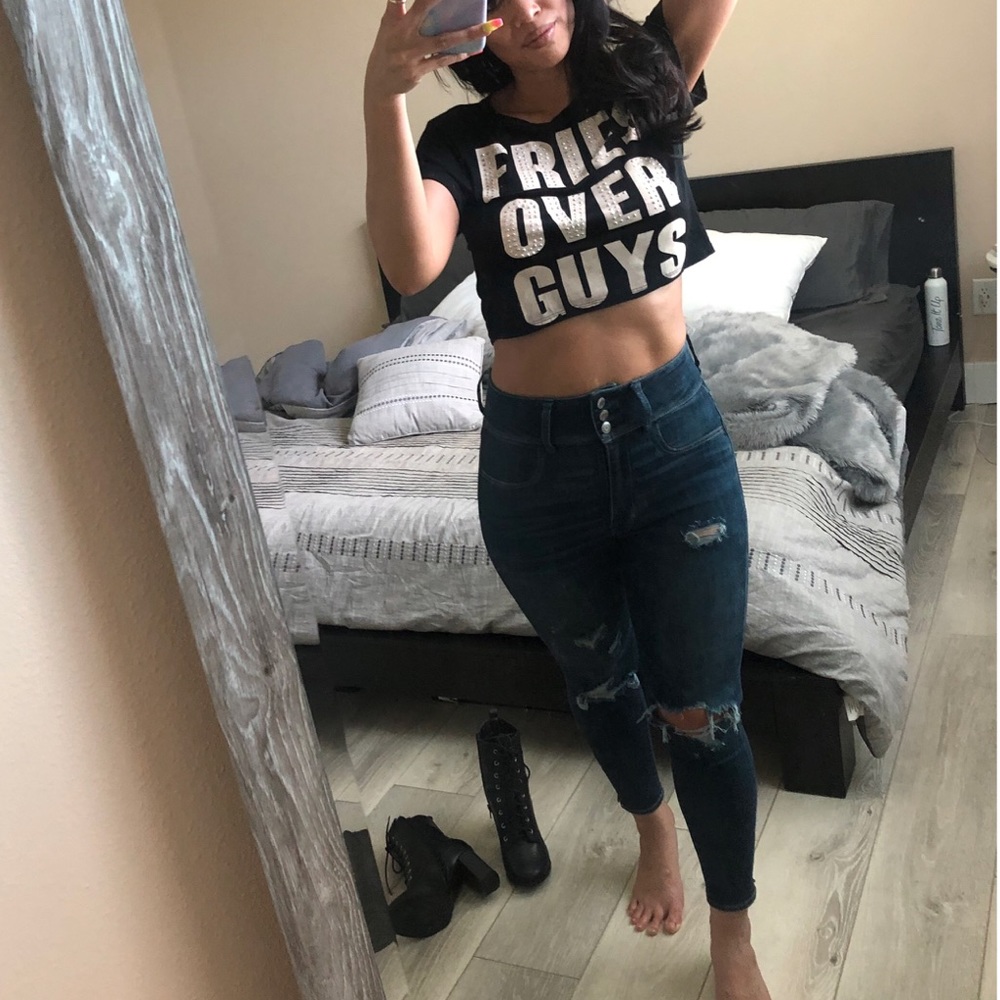 BLUSH Fries Over Guys Crop Top Black Graphic Tee